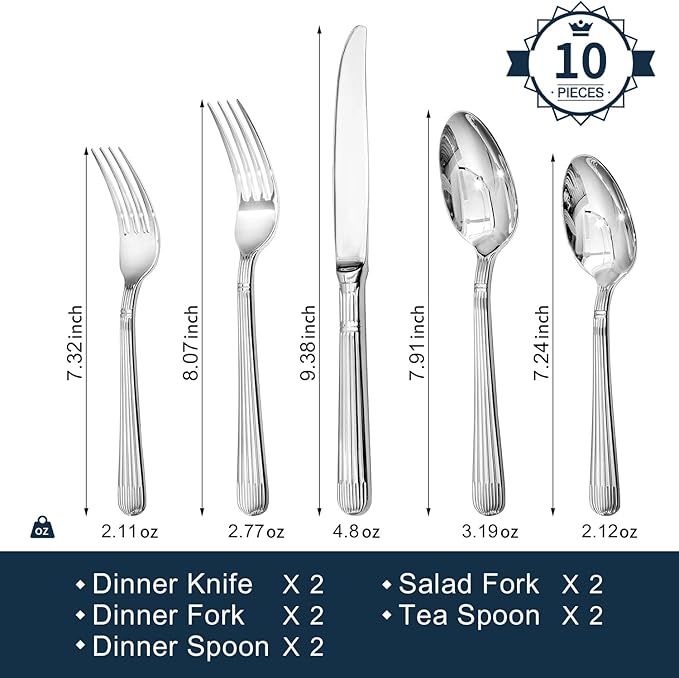 KINGSTONE 10-Piece Silverware Set, 18/10 Stainless Steel Flatware Set - Luxury Elegant Striped Cutlery with Dishwasher Safe, Durable for Family Dining, Catering, Weddings, Anniversaries Gift