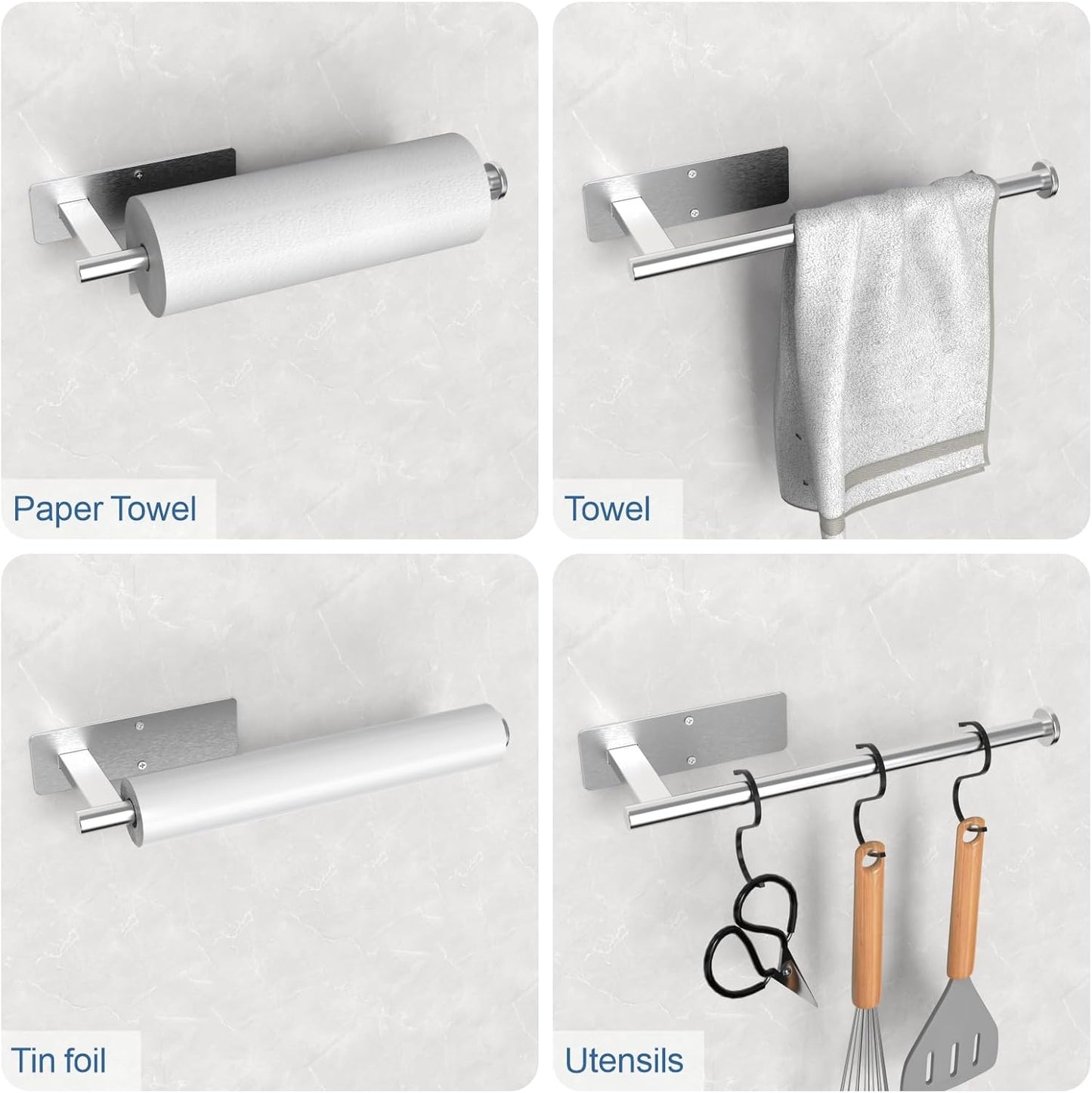 Paper Towel Holder Under Cabinet, Upgraded Adhesive Paper Towel Holder Wall Mount for Kitchen, Bathroom, RV, Bend-Resistant, Self-Adhesive or Drill mounting, Stainless Steel, Silver