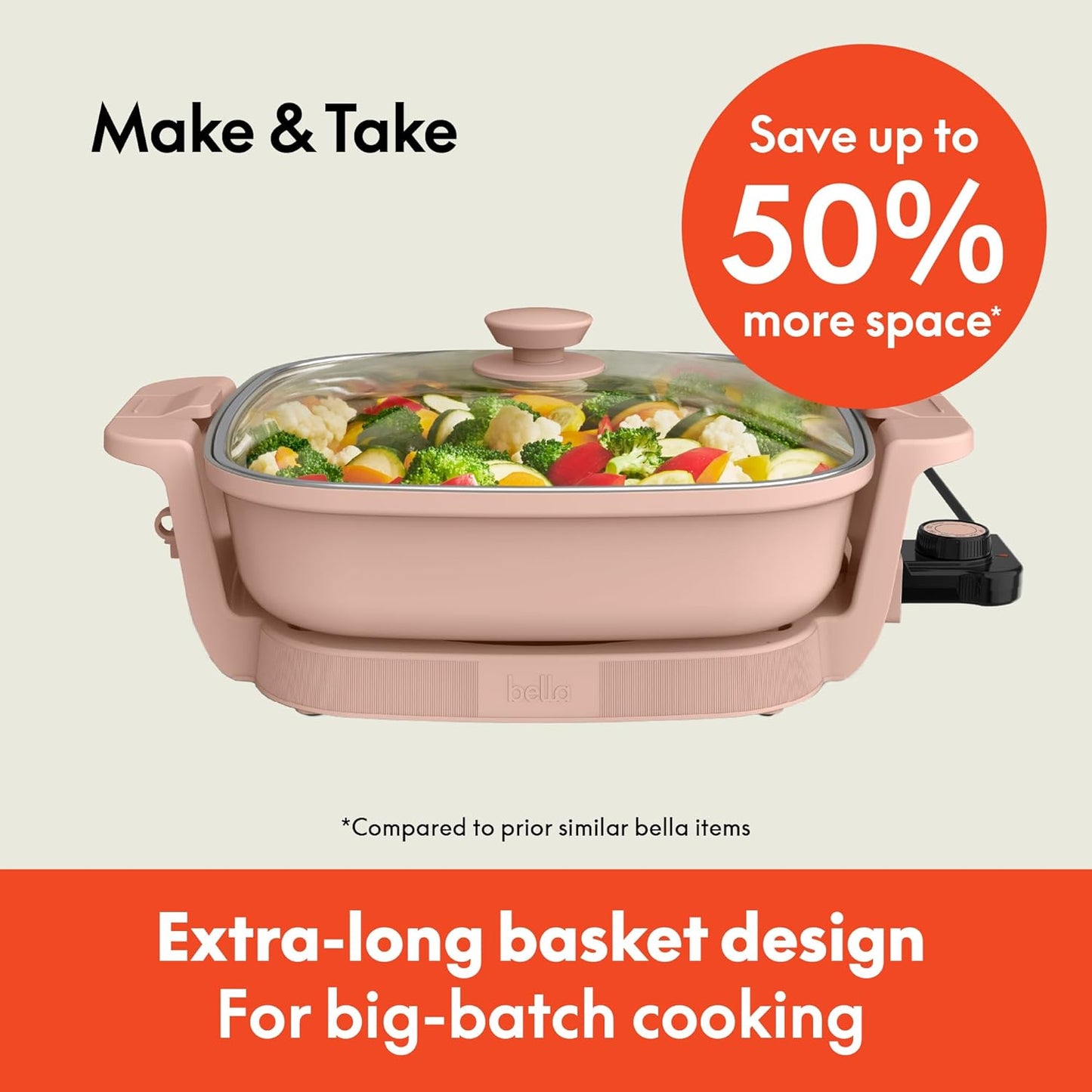 bella Make & Take Electric Skillet, Fits-anywhere™ kitchenware, EverGood™ Ceramic Coating, Adjustable Temperature & Dishwasher-Safe Tempered Glass Lid, Cast Aluminum Base, 1200 Watt, Blossom