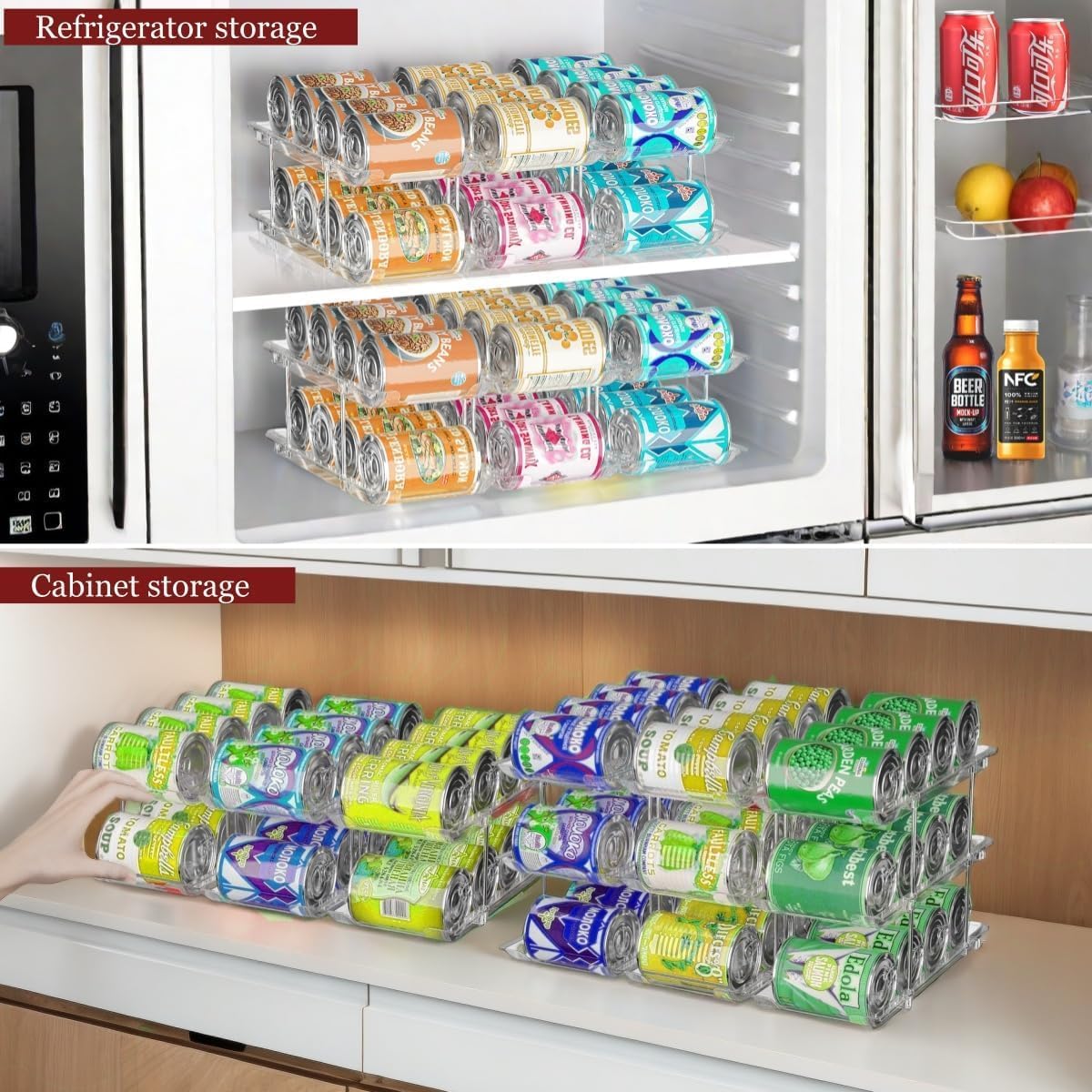 Can Organizer for Pantry, 3 Sets 4 Tiers Can Storage Organizer Pantry,Soda Can Organizer for Fridge 48 Cans Rack Automatic Rolling Stackable Canned Food Organizer,Clear