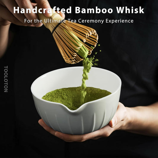 Matcha Whisk Set 7 Pcs - Ceramic Matcha Set with Bowl, Whisk, Holder, Bamboo Scoop, Rest, Sifter, and Tea Towel – Elegant Matcha Kit Gift for Women