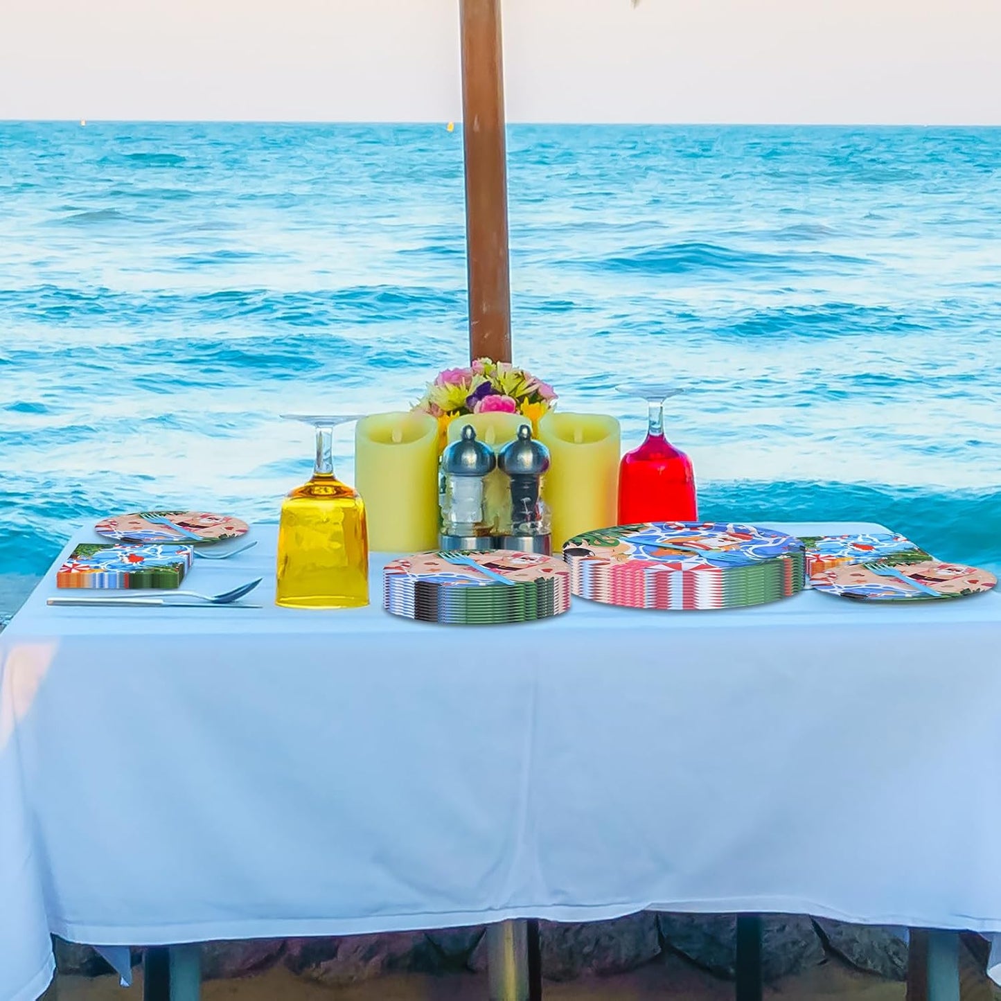 96 Pieces Christmas July Disposable Tableware Set - Tropical Beach Santa Party Supplies with Paper Plates, Napkins, Forks for Holiday Celebrations, Hawaiian Summer Christmas, and Pool Party Decor