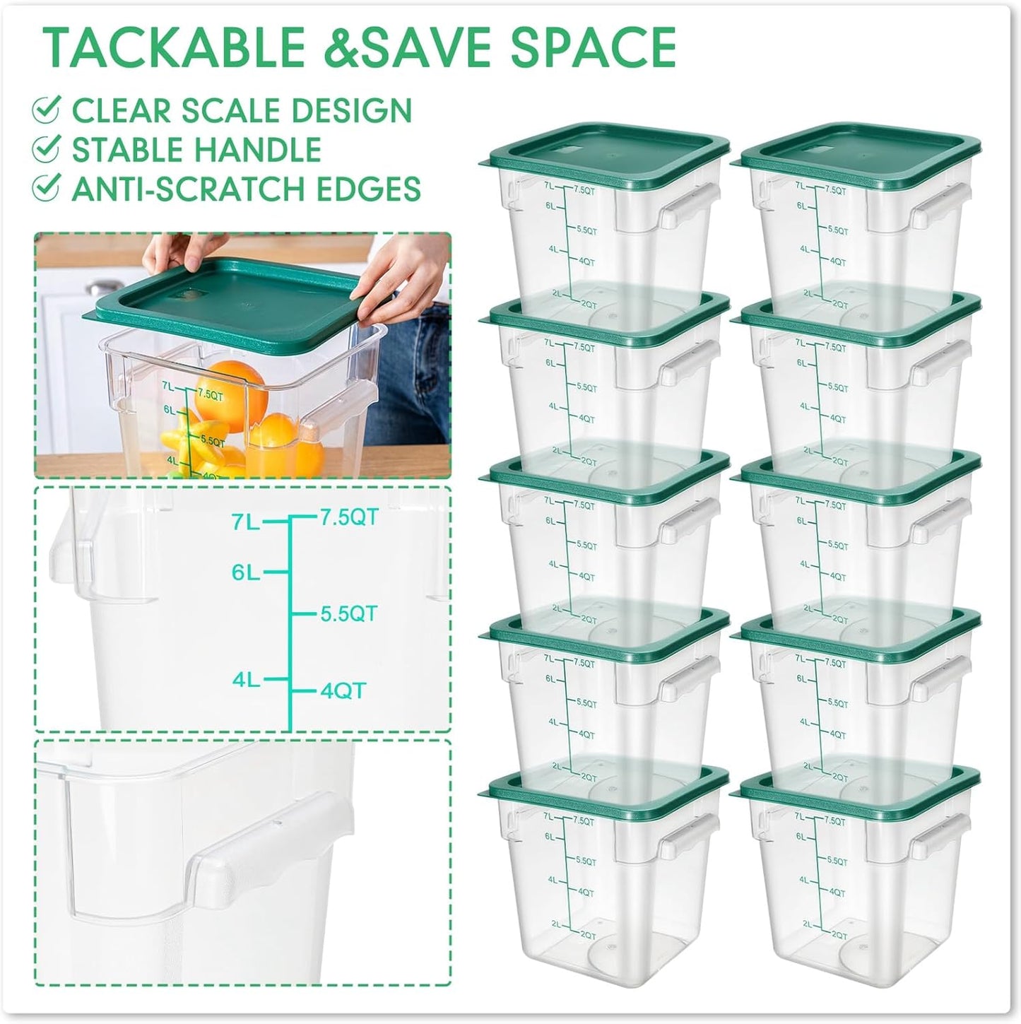 Lallisa 12 Pack 8 Qt Clear Food Storage Container with Handles and Lid Commercial Grade Square Food Storage Containers Polycarbonate Air Tight Box for Home Restaurant Kitchen