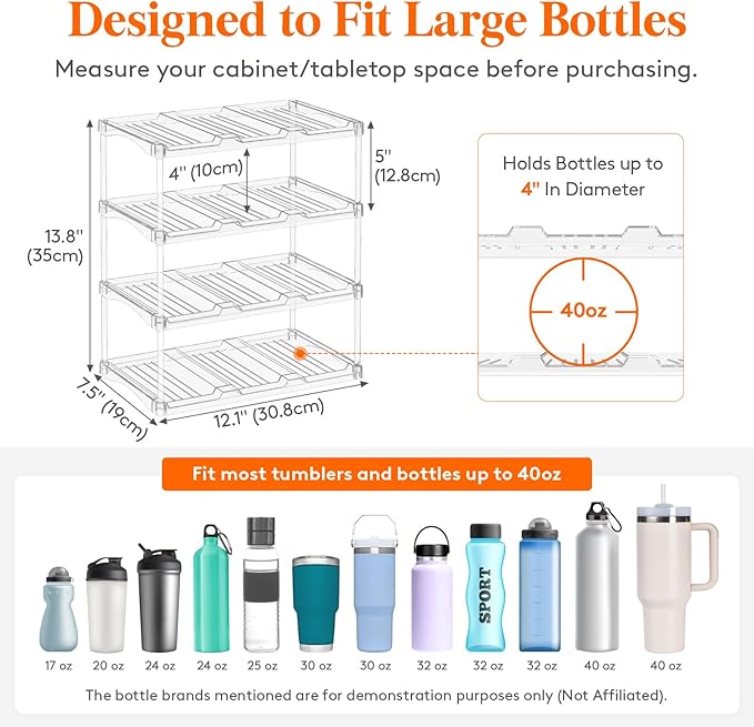 Lifewit Stackable Water Bottle Storage Organizer, Clear Freestanding Wine Bottle Holder for Cabinet, Tumbler Cup Organizer, Plastic Large Compartment Wine Rack for Fridge Cellar, 3Tier Hold 12