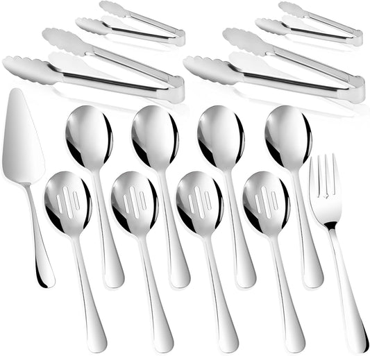 14PCS Serving Utensils - Hostess Serving Utensils Set, Premium Stainless Steel 8.7 inch Serving Utensils, Slotted Spoons, Fork, Tongs, Cake Pie Server for Buffet, Wedding, Dinner (Silver)