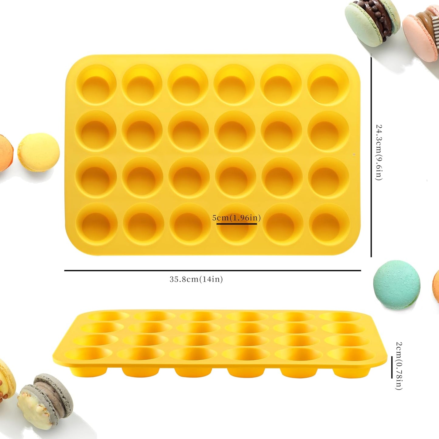 2PCS Silicone Mini Muffin Cupcake Pan, Kaloo Nonstick 24 Cups Silicone Muffin Pans for Baking, Great for Muffin, Cakes, Tart, Bread, Dishwasher Safe (Stylish Orange + Yellow, 24 Cups Each)