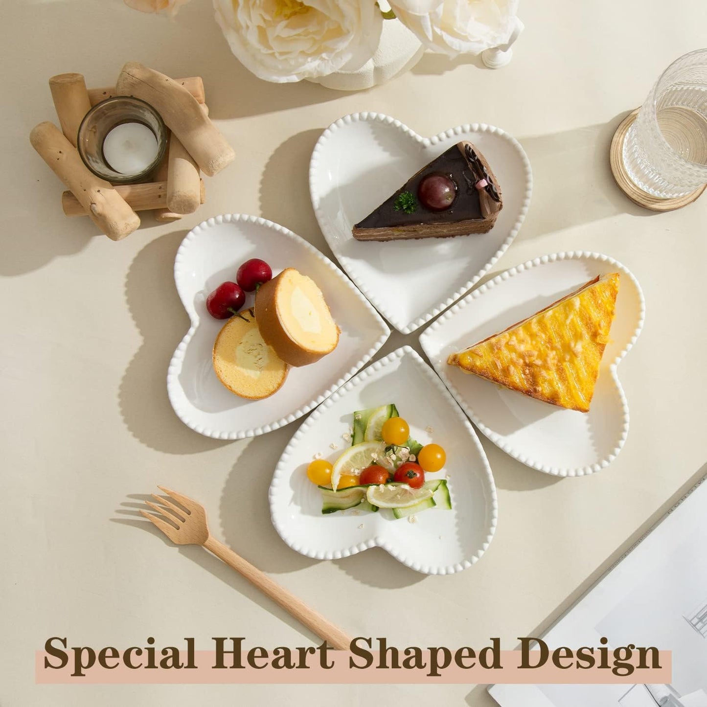 6.3 Inch Porcelain Appetizer Plates Set of 10, Heart Shape Small Dinner Plates, White Dessert Salad Plates Serving Dishes for Cake, Snack, Ice Cream, Waffles, Microwave, Oven, Dishwasher Safe