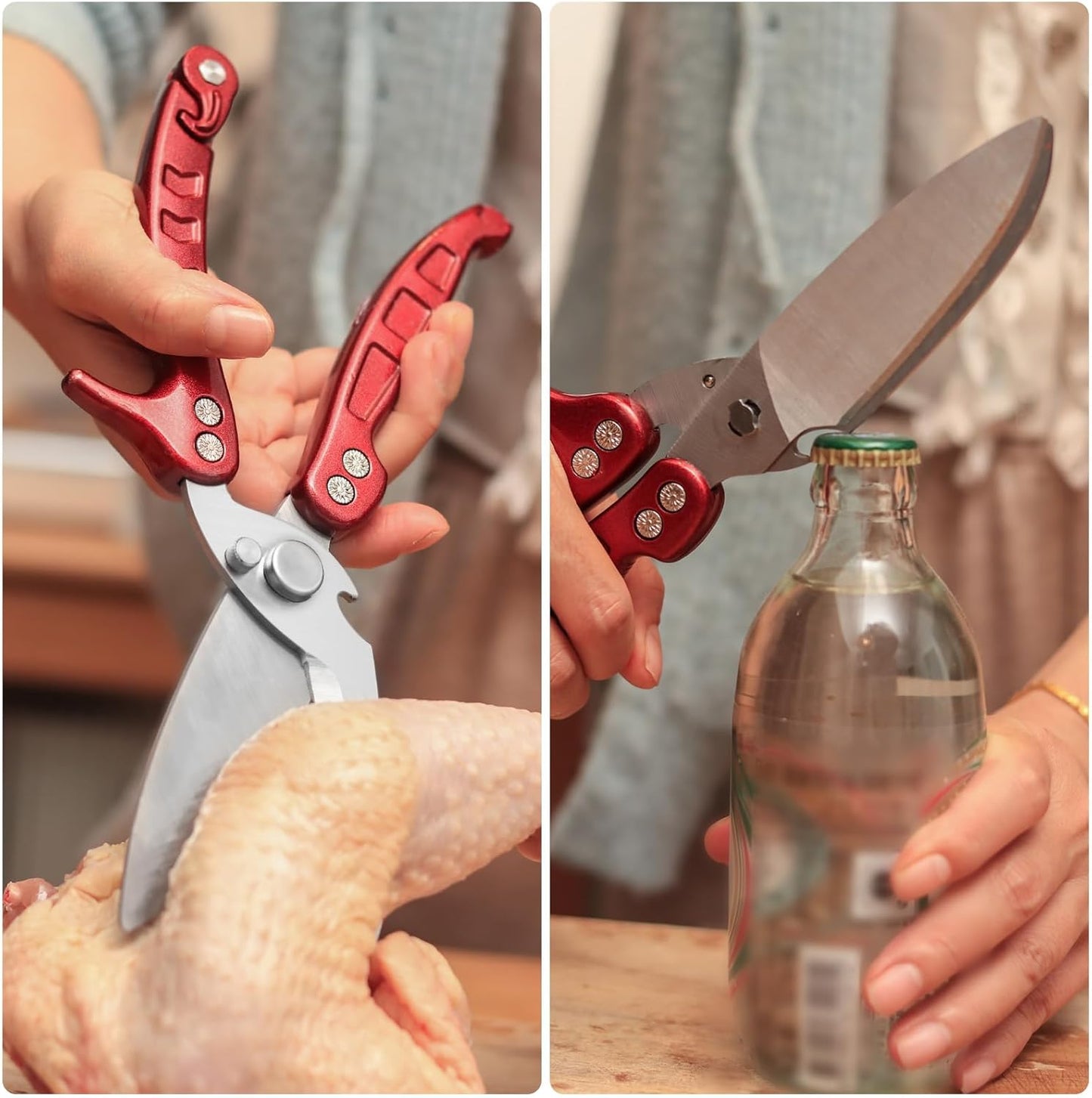 Heavy Duty Kitchen Shears, Detachable Poultry Shears with Serrated Edge, Spring-Loaded Stainless Steel Chef Scissors Cutting Bone, Chicken, Fish, Food, Meat, Burgundy Full Steel Handle