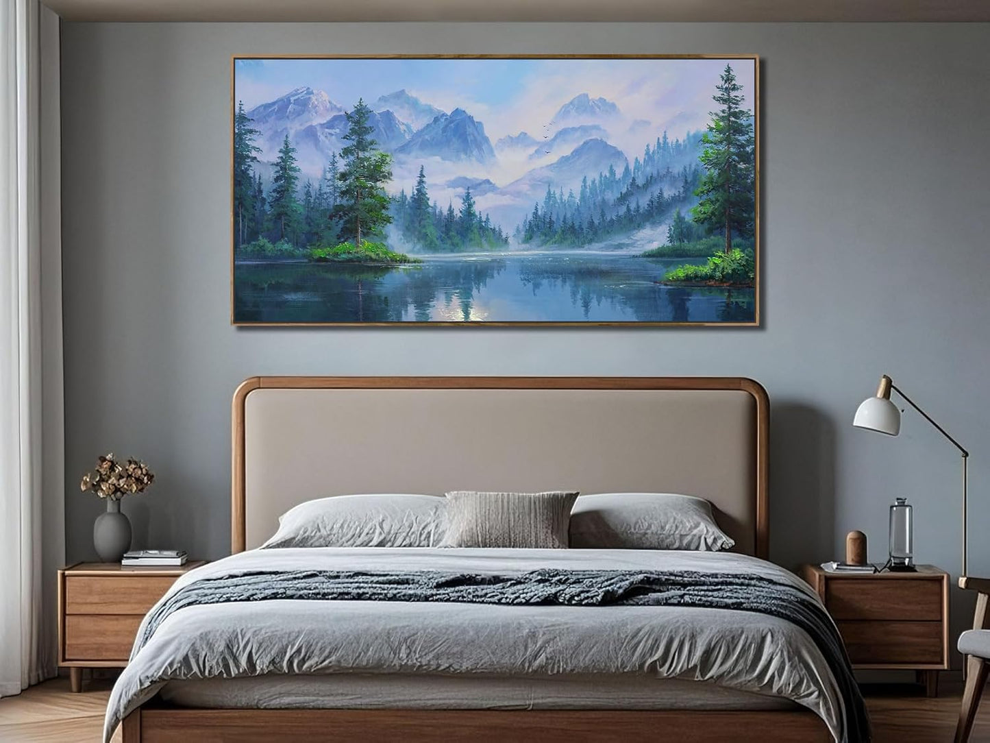 Ardemy Extra Large Landscape Canvas Wall Art for Living Room Framed Lake Teal Pictures Bedroom Wall Decor Textured Misty Forest Scenery Paintings Artwork for Walls Home Office, 58"x29"