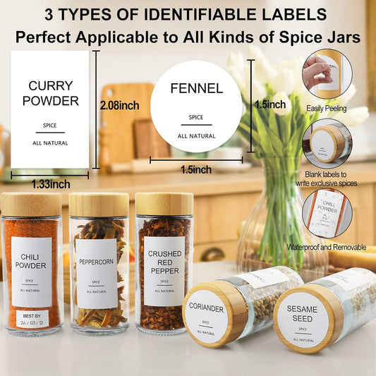 AISIPRIN Glass Spice Jars with 398 Labels-4oz 24 Pcs,Round Seasoning Jars with Bamboo Airtight Lids,Spice Container Set -Shaker Lids, Funnel,Brush and Marker Included