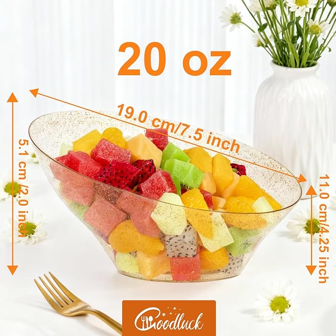 Goodluck 12 Pack Gold Glitter Plastic Serving Bowls for Party - 20 OZ Angled Disposable Serving Bowls for Wedding Party Chip, Candy, Salad & Fruit