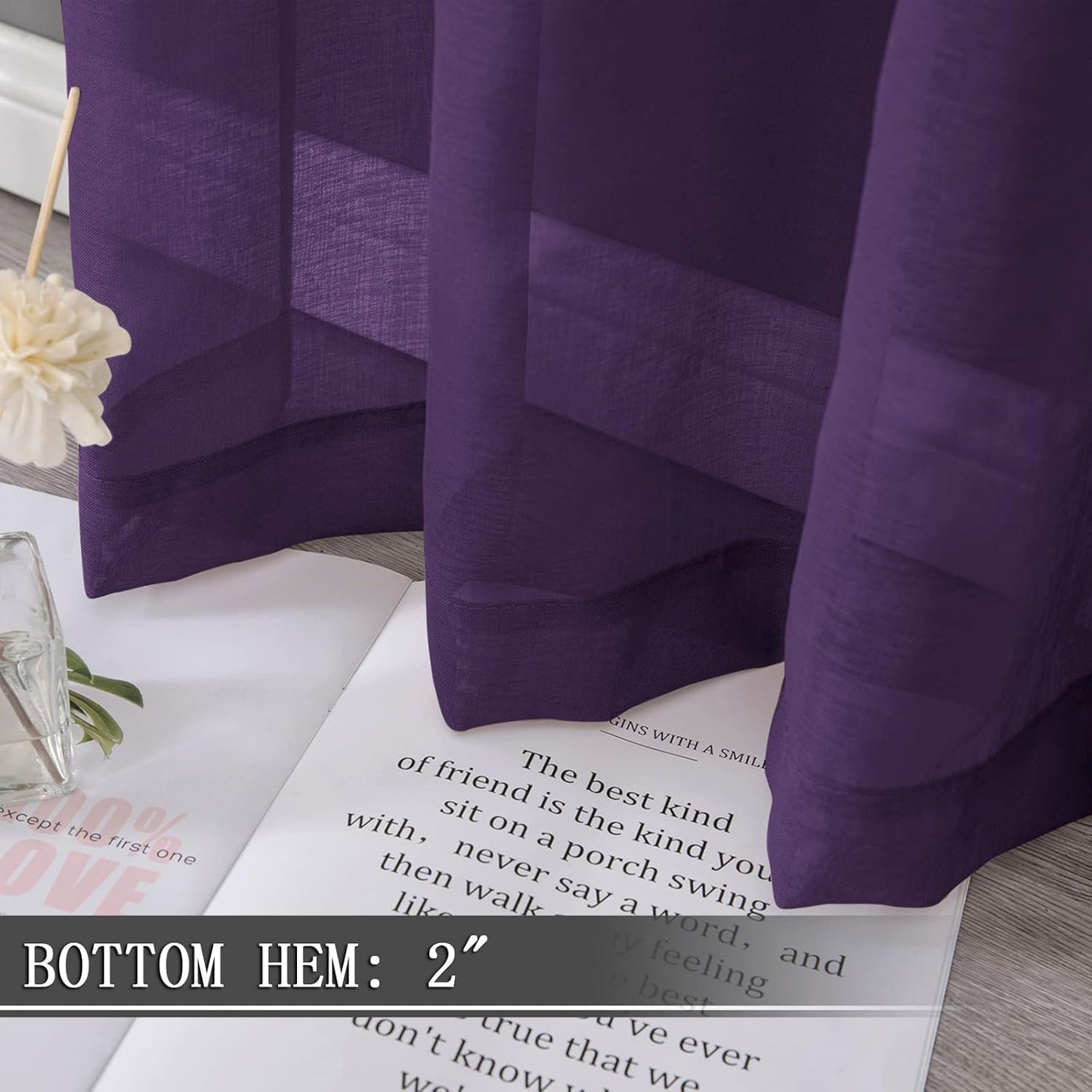 Tollpiz Sheer Curtains Linen Textured Living Room Curtain Sheers Light Filtering Rod Pocket Voile Curtains for Bedroom, 42 x 63 inches Long, Royal Purple, Set of 2 Panels