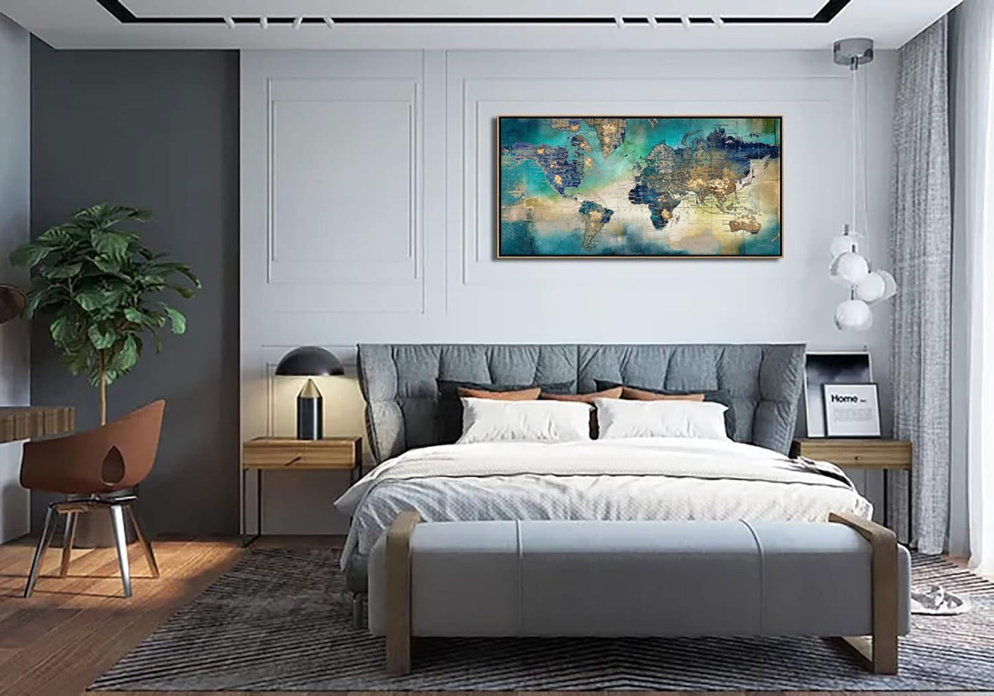 Large World Map Canvas Prints Framed Wall Art for Living Room Office 24x48 Green World Map Picture Artwork Decor for Home Decoration(With Soild Wood Dark Framed)