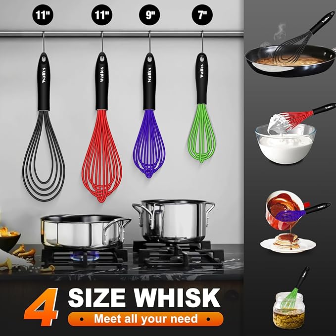 Walfos Whisk,Whisks for Cooking Non Scratch.Silicone Whisk Set of 4 Kitchen Wisk-11in Flat wisk and 7+9+11in Balloon Whisk.Nice for Mixing,Whisking and Stirring.Dishwasher Safe.(4pcs-Colorful)
