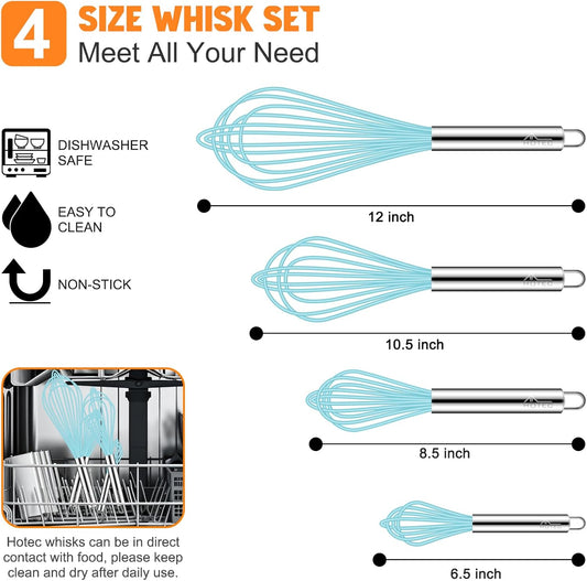 HOTEC 4 Pieces Silicone Whisks Set, Wire Balloon Whisks Egg Beater, Non-slip Handle Whisk for Non-stick Cookware Perfect for Cooking, Stirring, Beating and Blending (Blue)