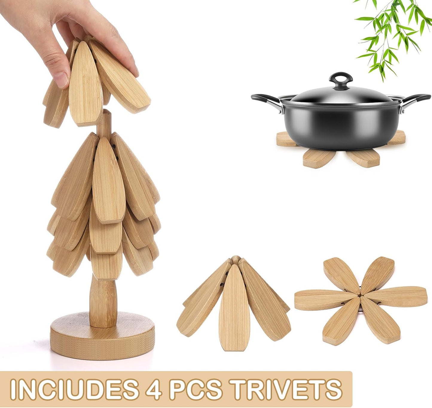 Wooden Tree Coaster Trivets Wood Trivets Set for Hot Dishes Set of 4 Christmas Tree Shape Foldable Wooden Coaster and 1 Stand Natural Trivet for Cups Plates Bowls Pots(Burly Wood Color)