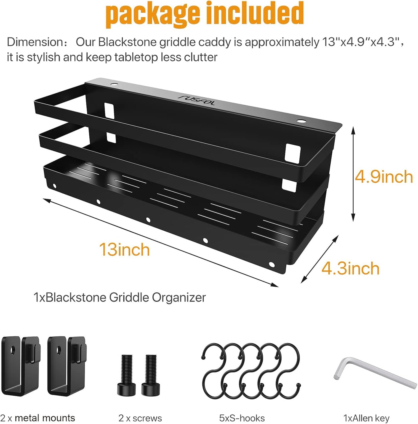 RUSFOL Upgraded Stainless Steel Griddle Caddy for 28"/36" Blackstone Griddles, with a Allen Key, Space Saving BBQ Accessories Storage Box, Free from Drill Hole&Easy to Install