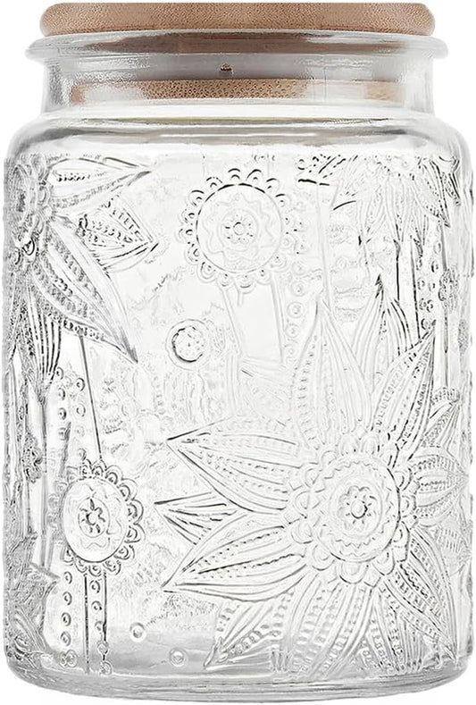 23.7 fl oz Airtight Glass Storage Jar with Bamboo Lid - Vintage Glass Jar Vintage Food Containers Canisters Set for Kitchen Counter, Ideal for Candy, Sugar, Coffee, Tea,Cute (Sunflower*1)