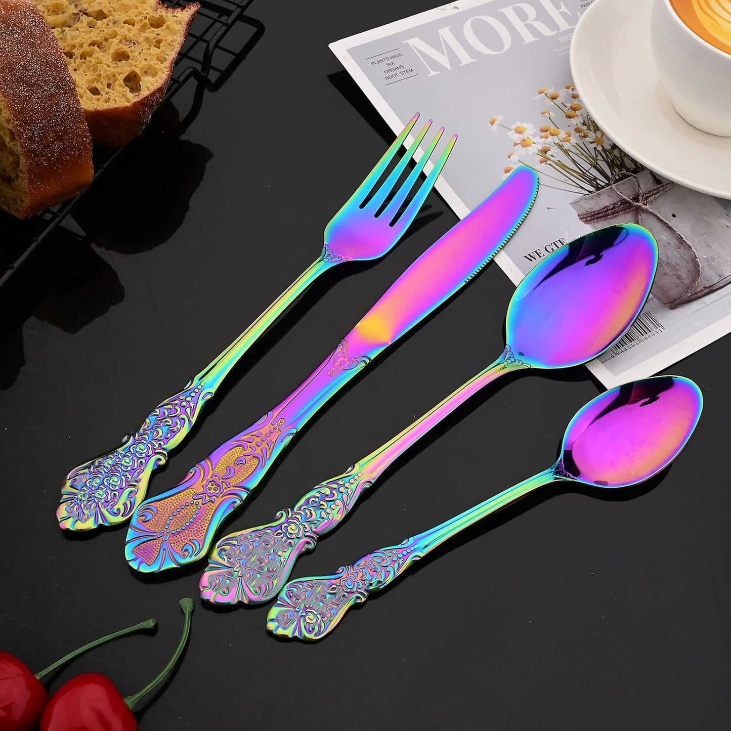 JASHII 24-Piece Multicolour Palace Cutlery Set Silverware Set, Mirror Polished, Stainless Steel Flatware Cutlery Eating Utensils Service for 6, Unique Elegant Pattern, Dishwasher Safe (Rainbow)