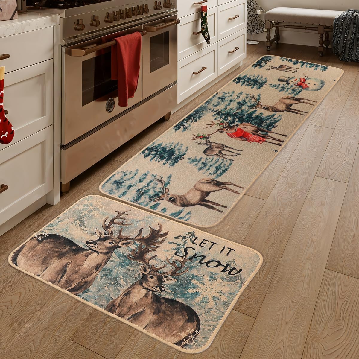 Larponder Christmas Snow Elk Snowflake Kitchen Mats Set of 2, Non-Slip Absorbent Rug and Door Mats, Home Decor Kitchen Floor Rugs for Winter - 17x24 and 17x48 Inch