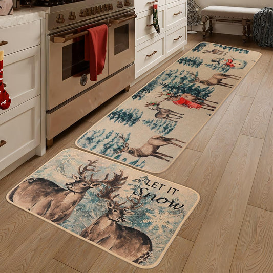 Larponder Christmas Snow Elk Snowflake Kitchen Mats Set of 2, Non-Slip Absorbent Rug and Door Mats, Home Decor Kitchen Floor Rugs for Winter - 17x24 and 17x48 Inch