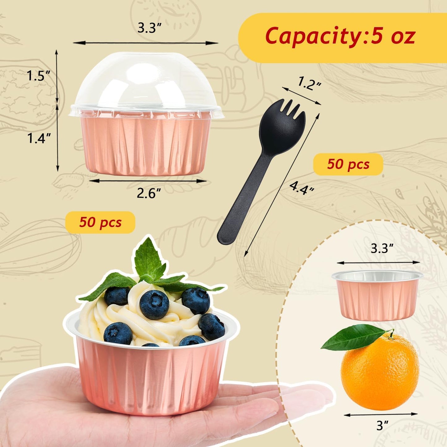 Jumbo 5oz Aluminum Foil Cupcake Liners with Lids 50 Pack,Free-Air Disposable Ramekins Muffin Tin,Mini Cake Baking Pans Muffin Cups,Mini Cupcake Pans Holders -Champagne