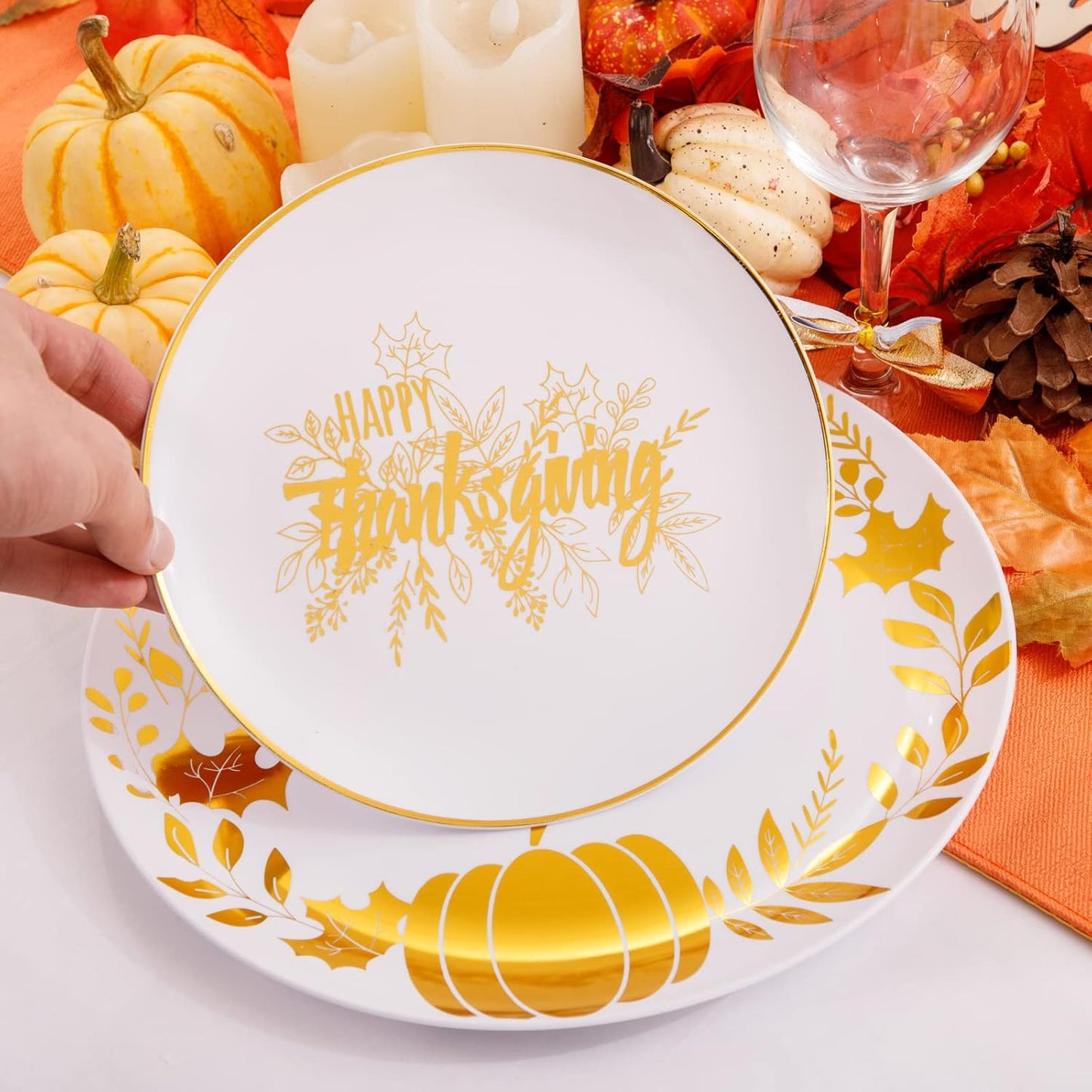 Ciaell 125PCS Thanksgiving Plastic Plate - White and Gold Plastic Plate & Gold Disposed Silverware include 25 Pumpkin Plates, 25 Fall Plates, 25Knives, 25Forks, 25Spoons for Thanksgiving & Party