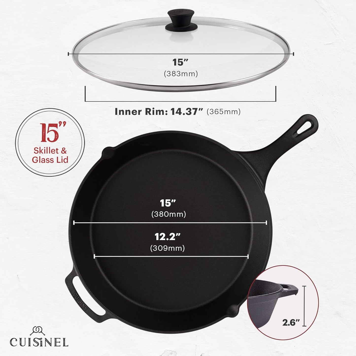 Cuisinel 15" Cast Iron Skillet + Glass Lid Cover + Black Pan Scraper + Silicone Handle Grip Cover - Pre-seasoned Kitchen Cookware - Indoor/Outdoor - Camping, Grilling, BBQ, Oven Use
