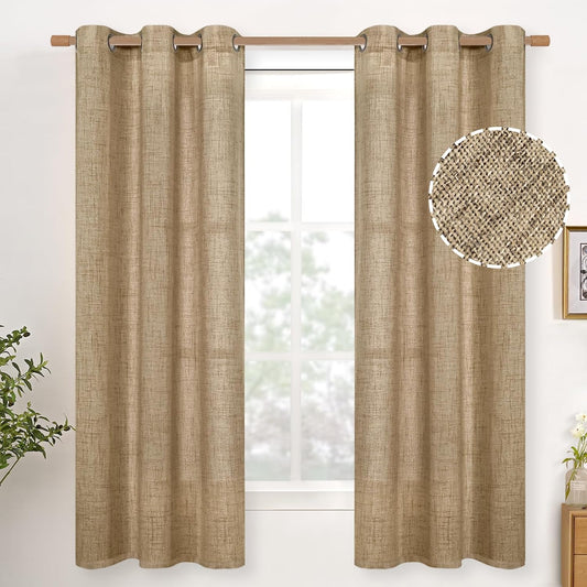 YoungsTex Toffee Linen Curtains 63 Inches Long for Living Room - Burlap Textured Drapes with Bronze Grommet Light Filtering for Bedroom/Office/Farmhouse/Country, 2 Panels, 42 X 63 Inch
