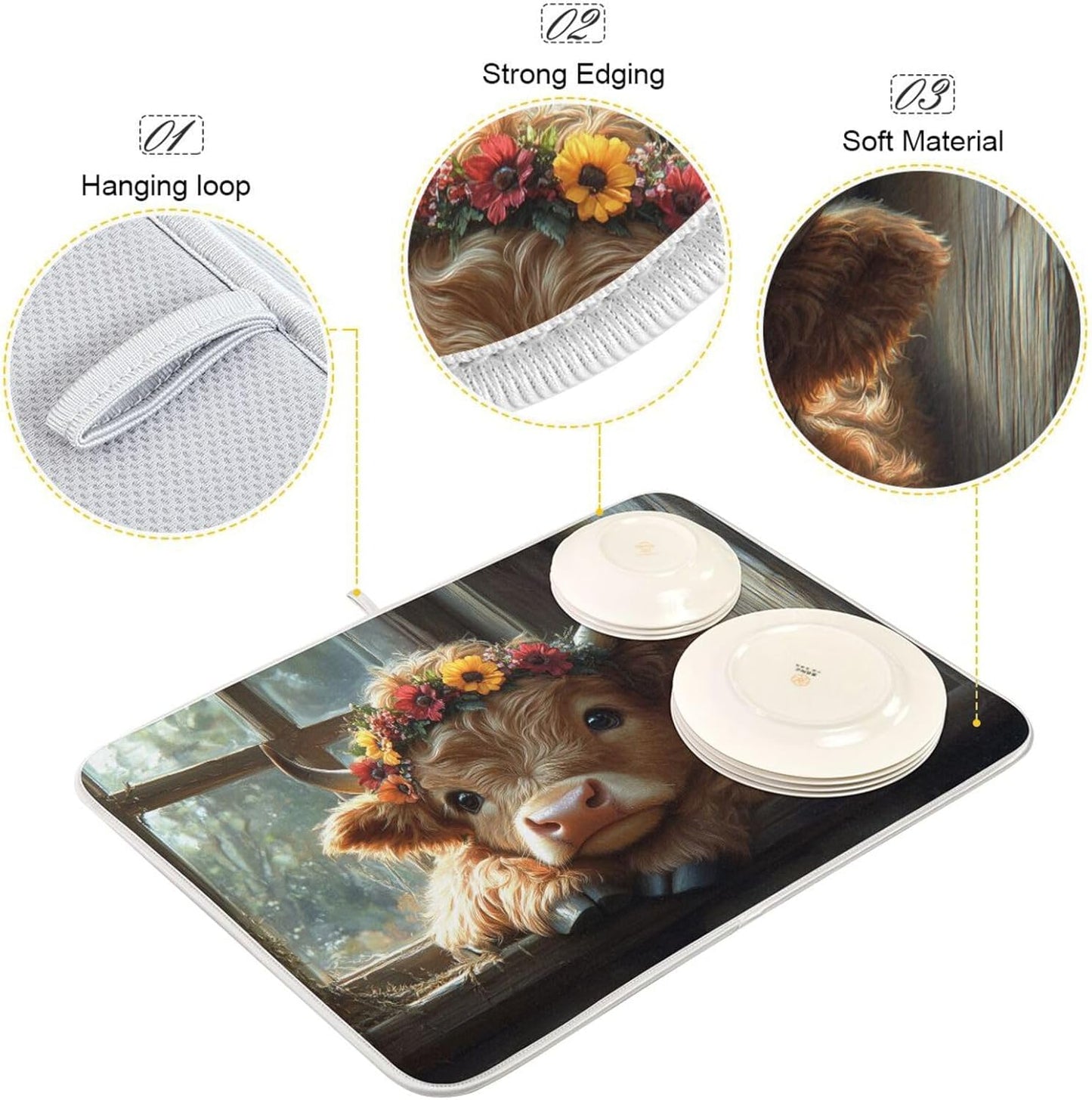 Cute Highland Cow with Flowers Dish Drying Mat for Kitchen Counter Super Absorbent Dishes Pad Reversible Microfiber Protector Dish Draining Mats 16x18 inch
