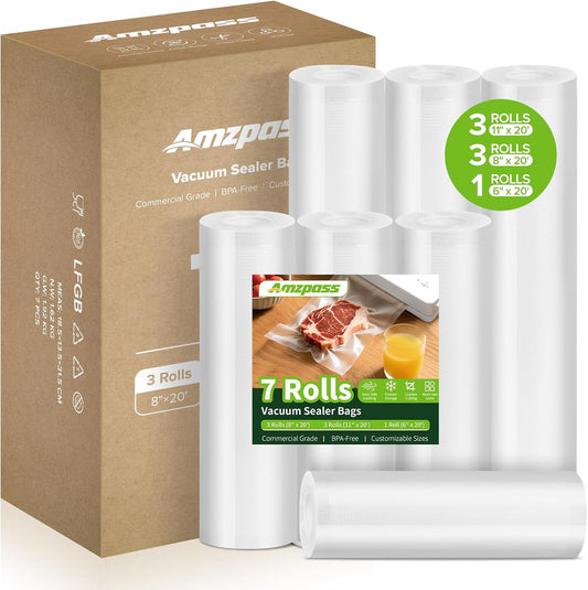 Vacuum Sealer Bags for Food, 7 Pack - 8" x 20' (3 Rolls) + 11"x 20' (3 Rolls) + 6"x 20' (1 Roll), BPA-Free Commercial Grade Embossed Customized Size Bags for Food Storage, Meal Prep, Sous Vide