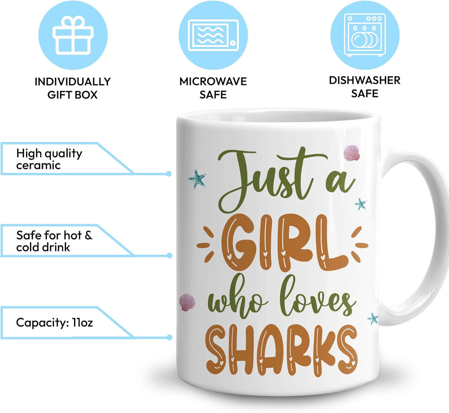 Hyturtle Personalized Gifts Shark Lover - Just A Girl Who Loves Sharks Custom Name Ceramic Coffee Mug Cup 11oz - Idea Cute Sea Animal Lover Gifts For Women, Girl Daughter On Birthday, Christmas