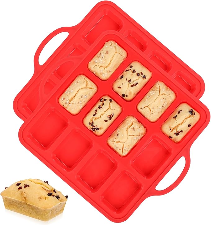CAKETIME Silicone Mini Loaf Pan, 12 Cavities Metal Reinforced Frame Nonstick Food Grade for Baking Mini Bread, Brownie, Cornbread, Cheesecake and Chocolate (2 Pack)
