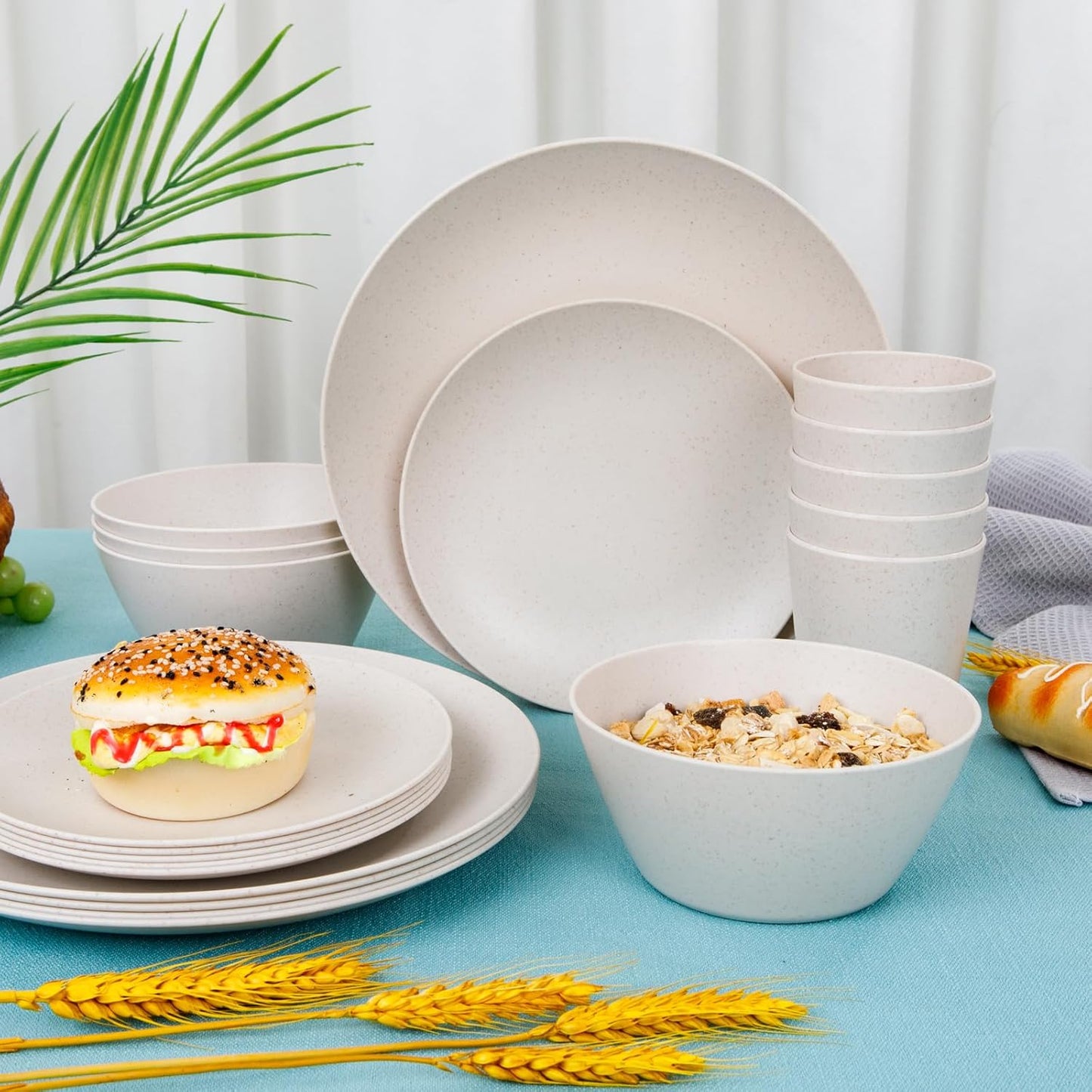 Supernal 32pcs Wheat Straw Dinnerware Sets Cream Color,Plates and Bowls Sets,Beige Plastic Dinnerware Sets, Dish Set for 8 with 25pcs Gold Napkins, Dishwasher Safe Plates