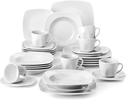 MALACASA Dinnerware Sets, 30-Piece Porcelain Gray White Dinnerware Set Microwave Safe, Square Dish Set with Plates and Bowls Sets, Mugs and Saucers Set for 6, Series Julia