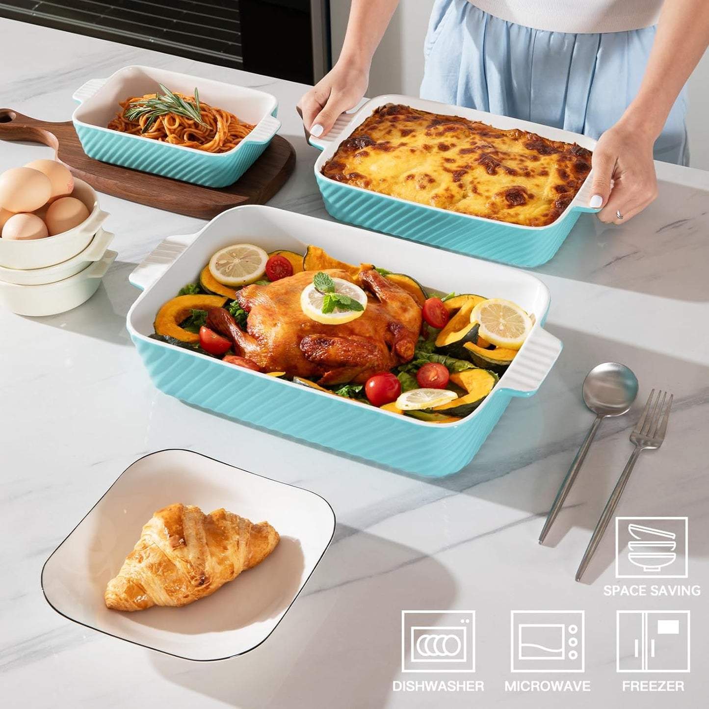 Sweejar Ceramic Baking Dish Set, Cake Baking Dish for Brownie, Porcelain Striped Casserole Dishes for Oven with Handle for Lasagna, Family Dinner(Turquoise)