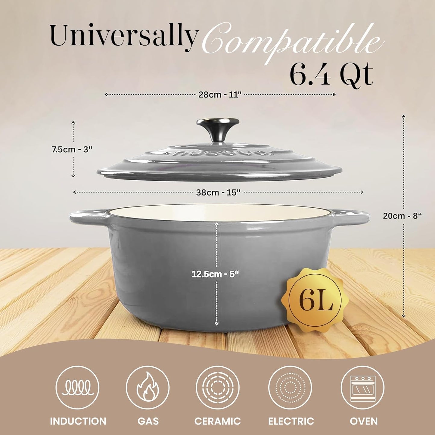 Nuovva Enamelled Cast Iron Dutch Oven Pot with Lid – 6.4 Quart Non Stick Casserole Pot – Heavy Duty & Oven Safe up to 500° F for Bread Baking, Braising, Stews, Roasting – 28cm Grey