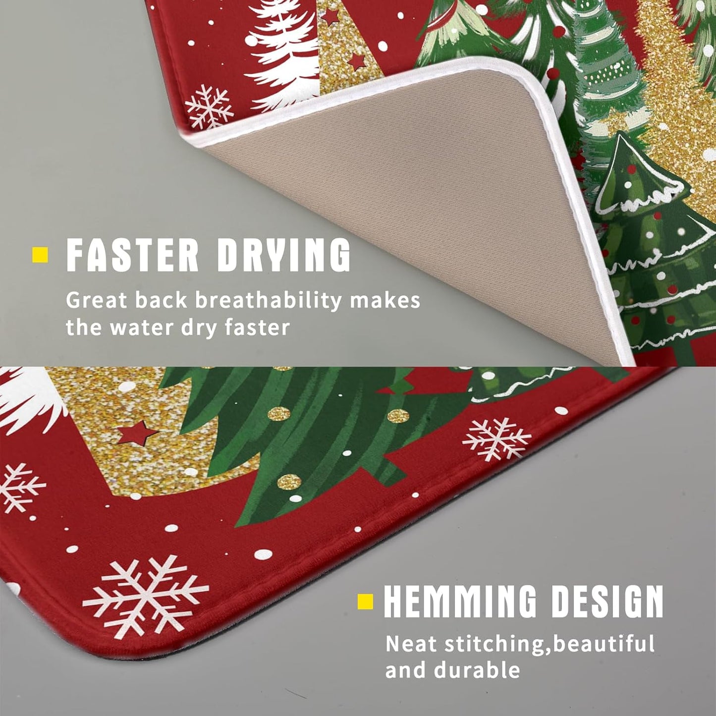 Christmas Red Dish Drying Mats 16x18 Inch, Gold Green Xmas Pine Trees Winter Holiday Absorbent Fast Dry Microfiber Dishes Drainer Rack Pad Farmhouse Rustic Holiday Kitchen Decor