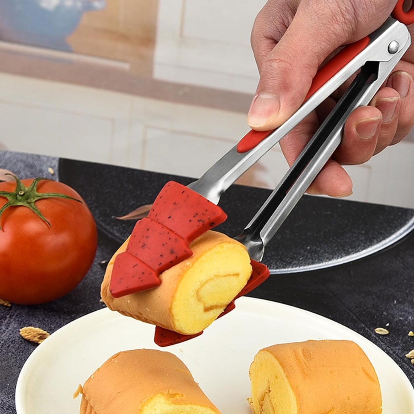 NileHome Christmas Kitchen Tongs, 2 Pack 10" Professional Stainless Steel Metal Tongs – Heat-Resistant for Grilling, BBQ, Serving Salad, Pasta, and Kitchen Use, Dishwasher Safe, Red