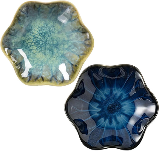 2Pcs Ceramic Jewelry Dish - Lotus Leaf Shape, for Ring Holder Necklace Small Key, Suitable for Mother Friend Sister, Gifts for Women, Cute Plate Trinket Tray, Home Decor (Crystal Green & Blue)