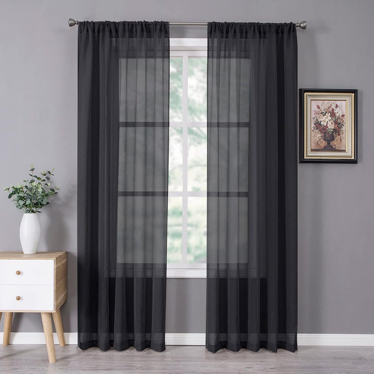 Tollpiz Sheer Curtain Linen Textured Bedroom Curtains Sheer Light Filtering Rod Pocket Voile Curtain for Living Room, 54 x 95 inches Long, Black, Set of 2 Panels