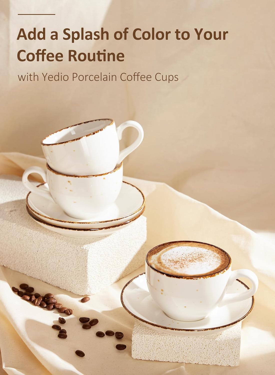 Yedio 8oz Cappuccino Cups and Saucer, Porcelain Coffee Mugs, Latte Cups Set for Cappuccino, Espresso, Americano, Latte, Tea, Mocha, Microwave Dishwasher Safe, Set of 4, White