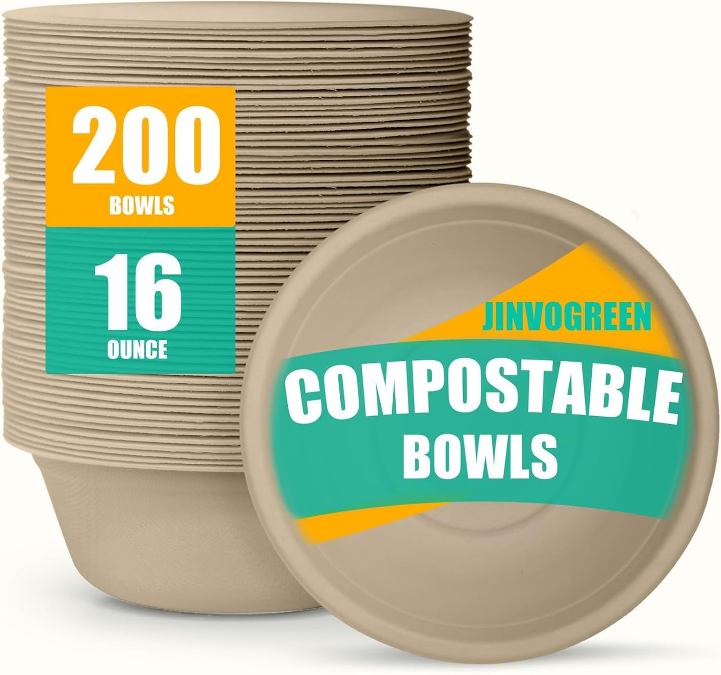 200 Count 16 oz Paper Bowls, Disposable Compostable Bowls, Heavy Duty Biodegradable Sugarcane Bagasse Bowl for Breakfast, Salad, Fruits, Desserts, Natural