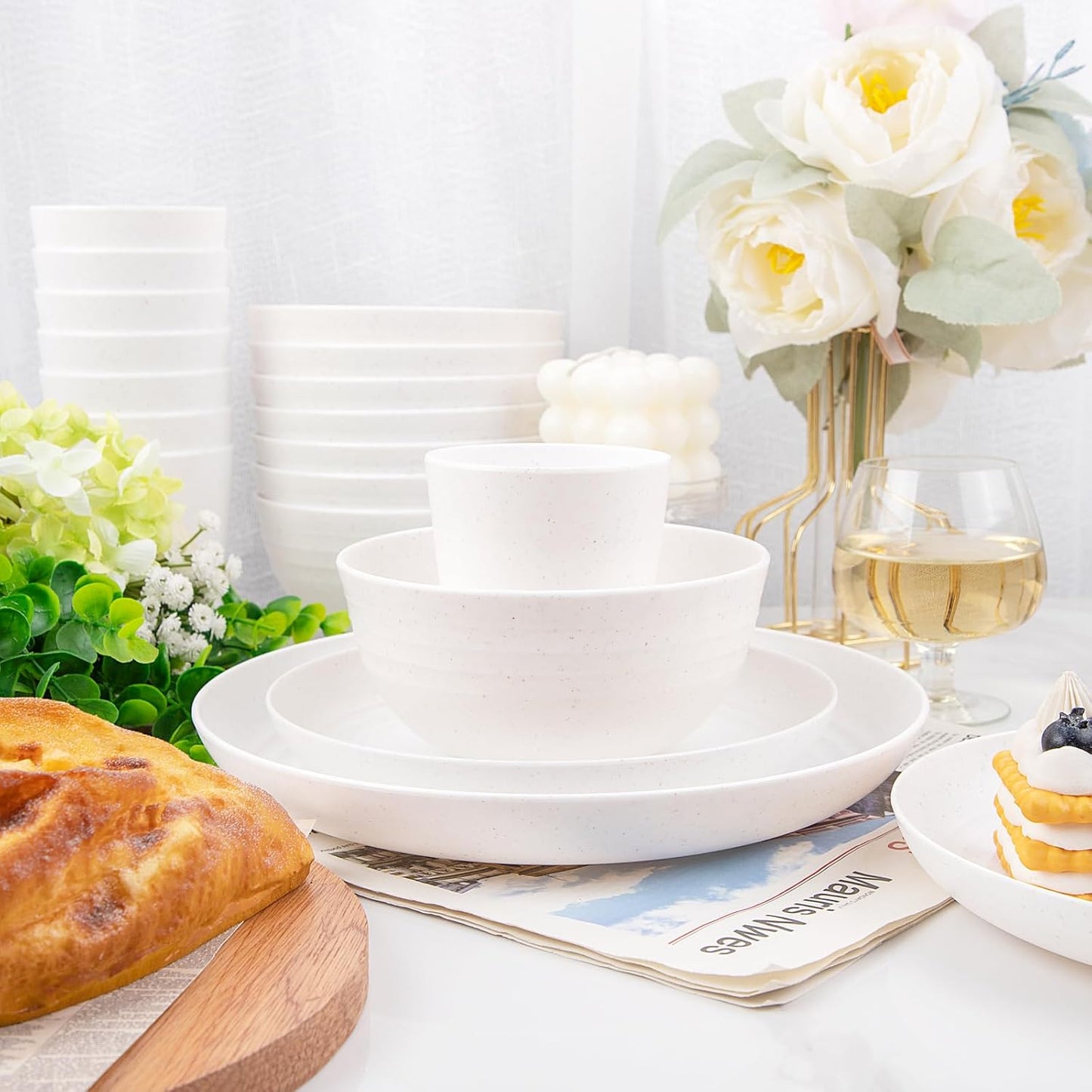 Supernal 32pcs Wheat Straw Dinnerware Sets, White Dishes for 8, Plates and Bowls Sets, Reusable Plastic Plates, Microwave Dishwasher Safe, White Plastic Dinnerware Set