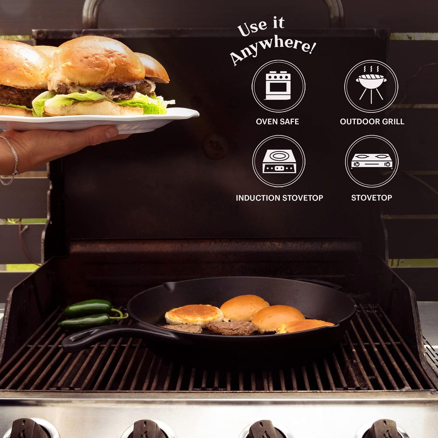 Cuisinel 15" Cast Iron Skillet + Glass Lid Cover + Black Pan Scraper + Silicone Handle Grip Cover - Pre-seasoned Kitchen Cookware - Indoor/Outdoor - Camping, Grilling, BBQ, Oven Use