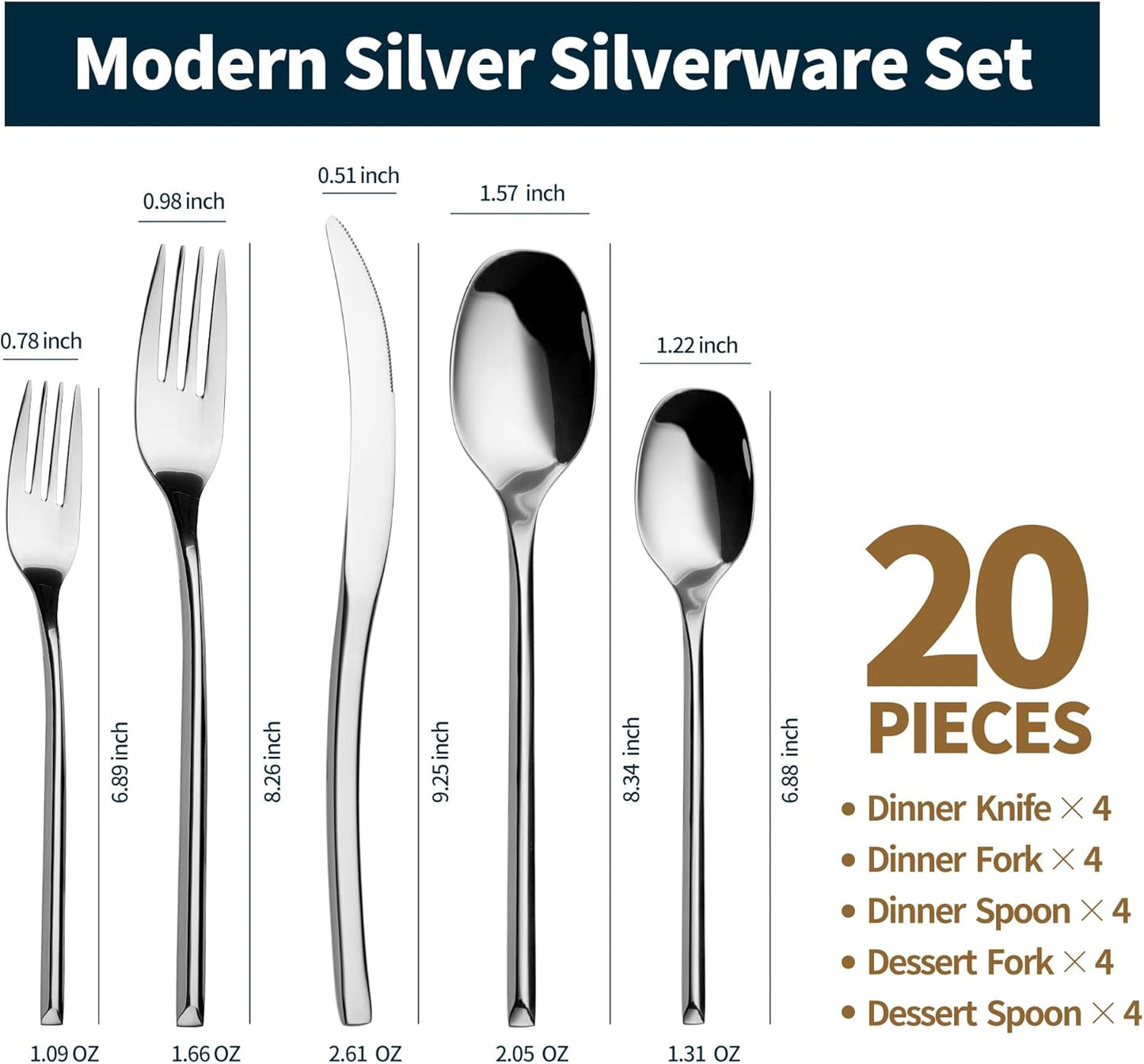 Lemeya 20-Piece Silverware Set for 4,Modern 18/10 Stainless Steel Flatware Set,Luxury Cutlery Set,Unique Utensils Set for Restaurant,Spoons and Forks Set,Mirror Polished,Dishwasher Safe