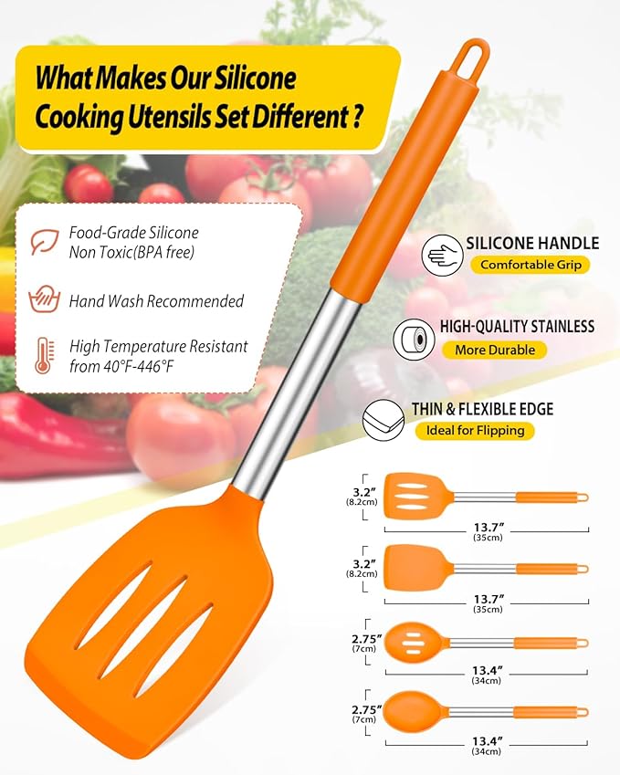 Pack of 4 Silicone Cooking Utensils Set, Non Stick Large Solid Spatulas, Heat Resistant Slotted Spoons, Ideal BPA Free Kitchen Turners for Frying, Mixing,Serving,Draining,Turning,Stirring (ORANGE)