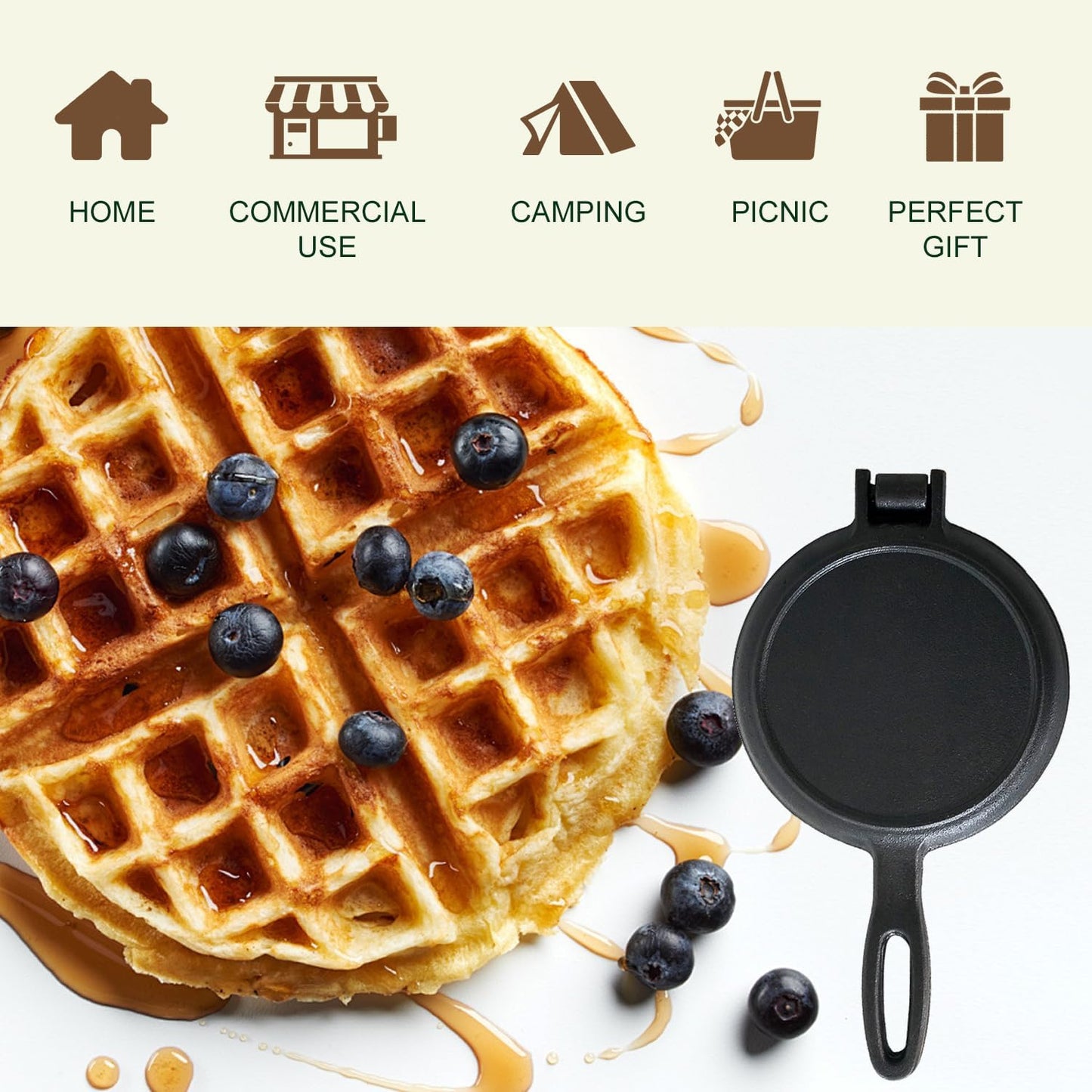 7 Inch Round Cast Iron Waffle Iron Easy Clean Two Piece Hinged Non Electric Waffle Maker For Commercial Breakfast Kitchens