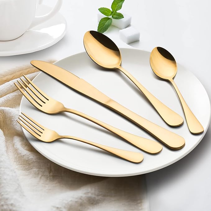 Gold Silverware Set, LIANYU 20 Piece Stainless Steel Flatware Cutlery Set for 4, Gold Mirror Finish, Ideal for Home Wedding Festival Party, Dishwasher Safe