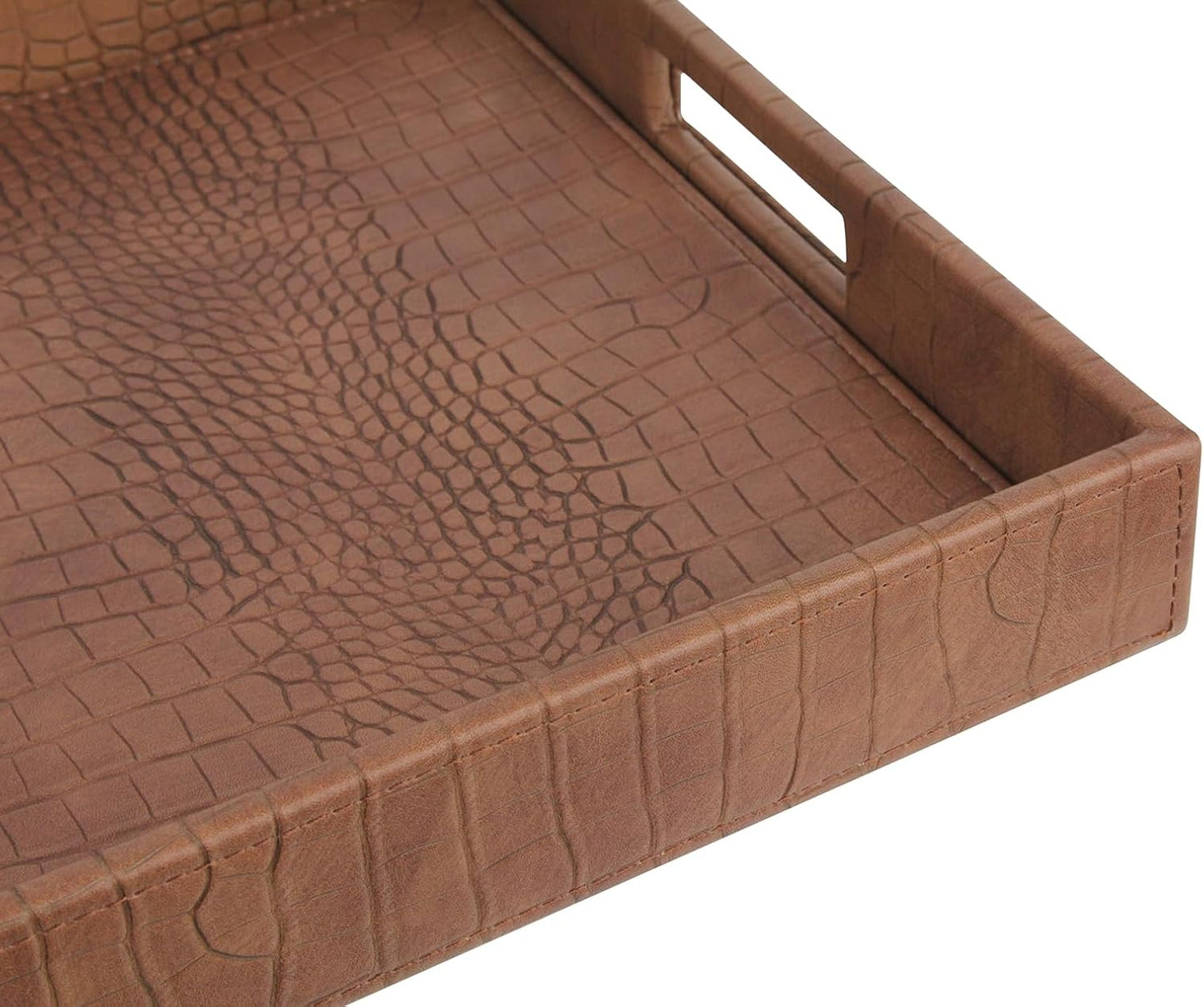 HofferRuffer Rectangle Serving Tray with Hole Handles for Coffee Table, Breakfast, Tea, Food, Butler - Countertop, Kitchen, Vanity Serve Tray, 16.2 x 12.2 x 2 inches, Faux Leather (Antique Brown)